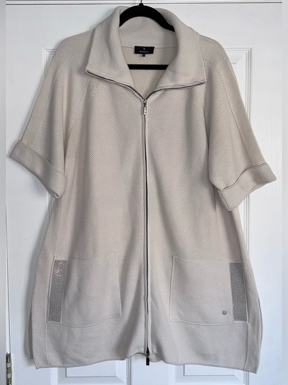 MONARI Natural Beige Knit Cotton Embellished Pocket Cape Poncho Cardigan 46 XL